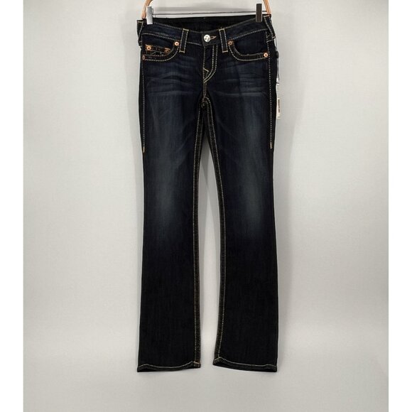 True Religion Straight Satin Big T Jeans Size 28 Dark Wash USA Made Low Rise - Picture 1 of 16